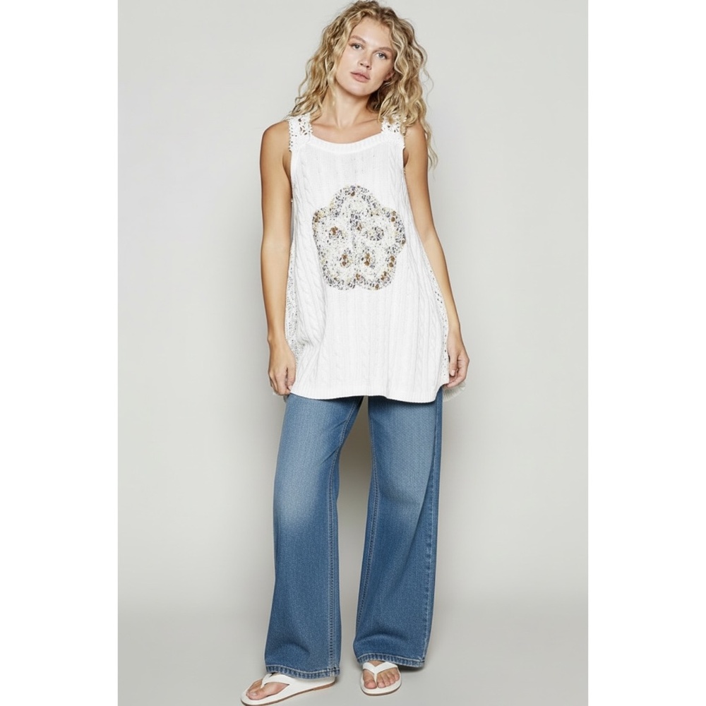 POL White Patchwork Sleeveless Lightweight Sweater Tunic | Crochet Lace Floral - Picture 2 of 5